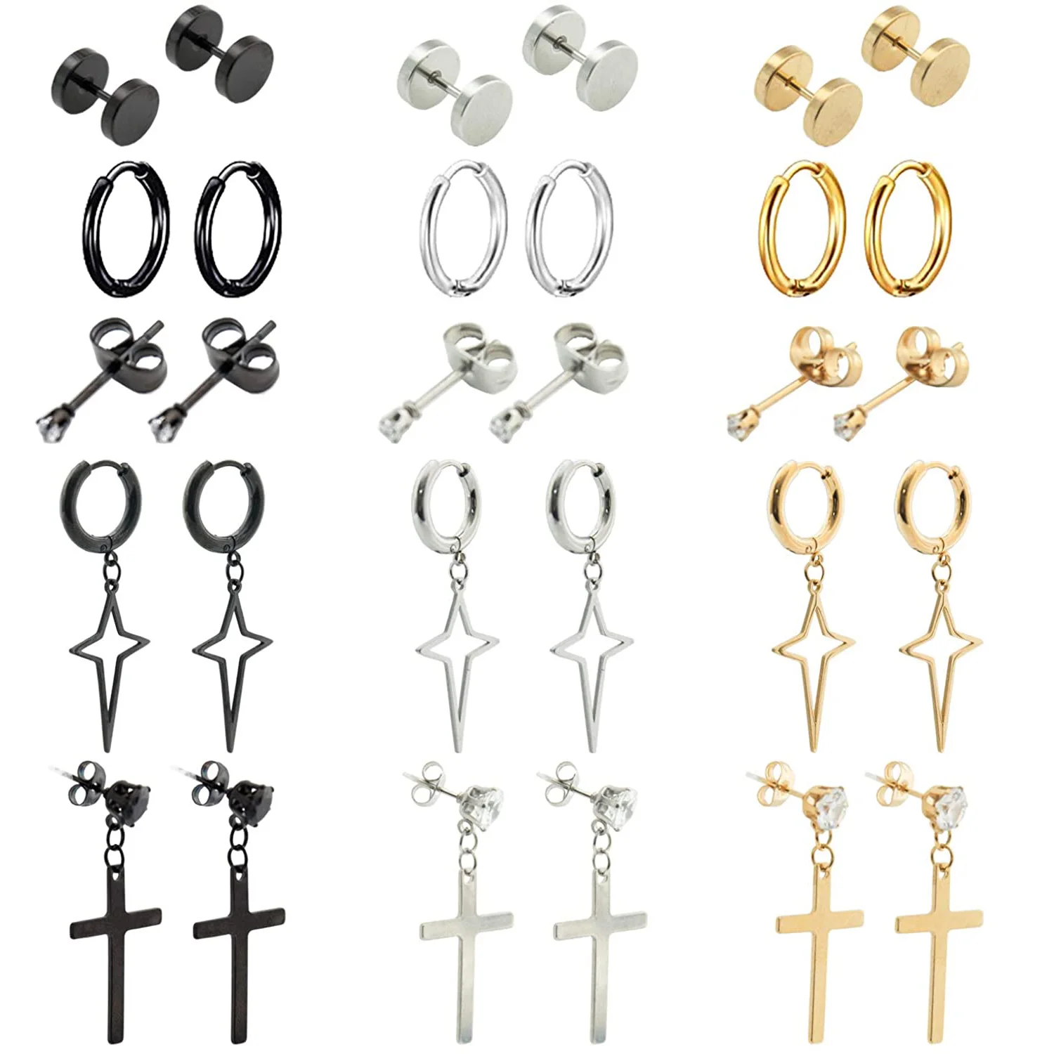 

1pair stainless steel Stud earrings for Men/Women Cross Pendant Unisex Hoop Earrings Punk Gothic Metal Jewelry Black/Silver/Gold