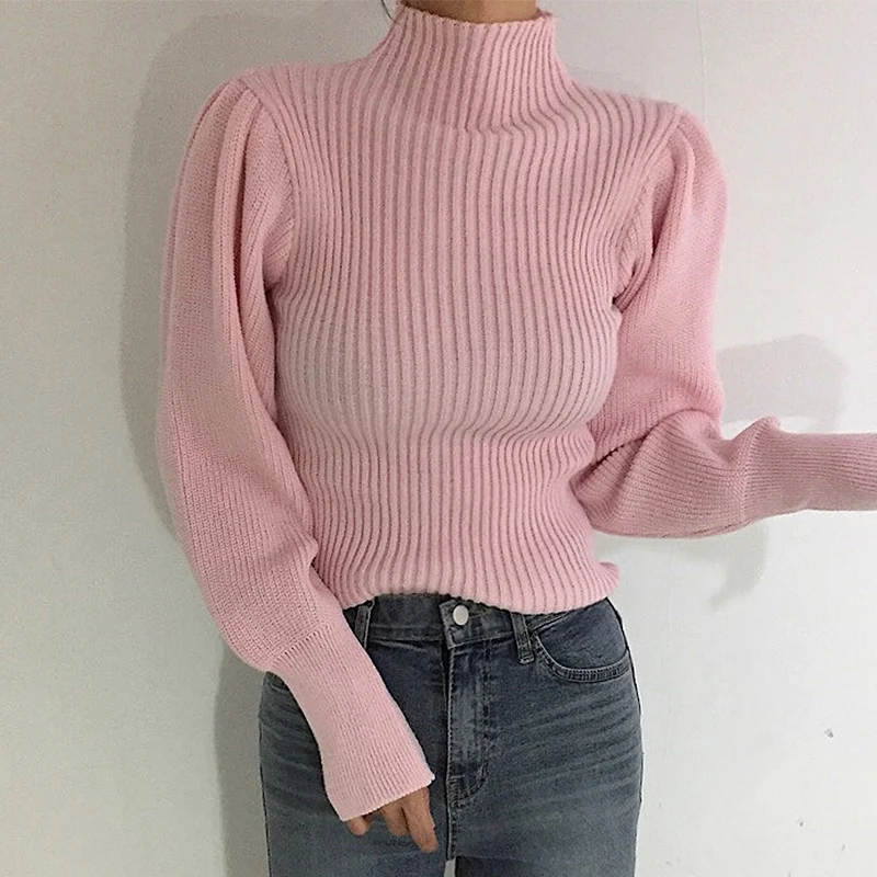

2021 All-match Half Turtleneck Sweaters Solid Color Korean Chic Knitted Basic Tops Long Sleeve Slim Fit Pullover Jumpers