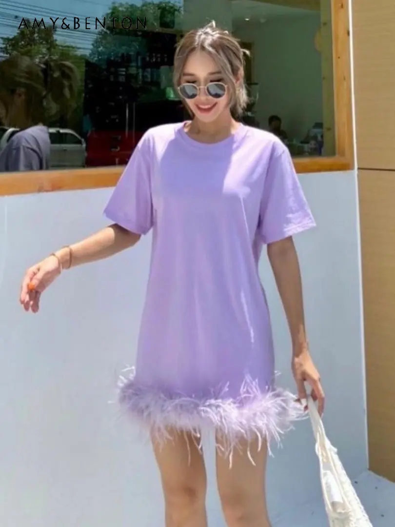 Feather Patchwork Mid-Length Cotton T-shirt Dress 2023 Spring and Summer New Loose Short Sleeve Crew Neck Dress for Women