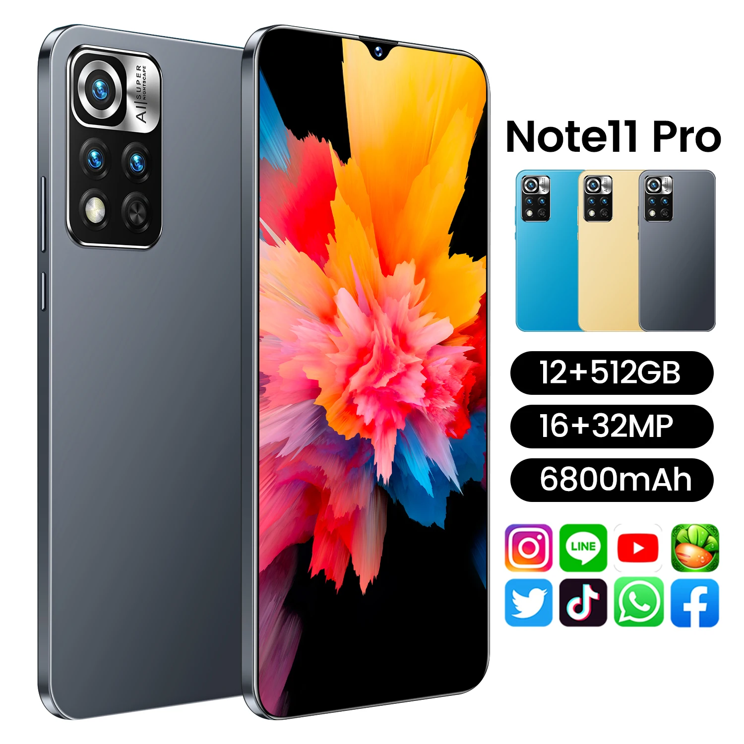 

Note11Pro 12+512GB 6.7Inch HD+ 1440*3040 5G Android Smart Phone Unlocked Global Version 16+32MP 6800mAH Android Mobile Phone