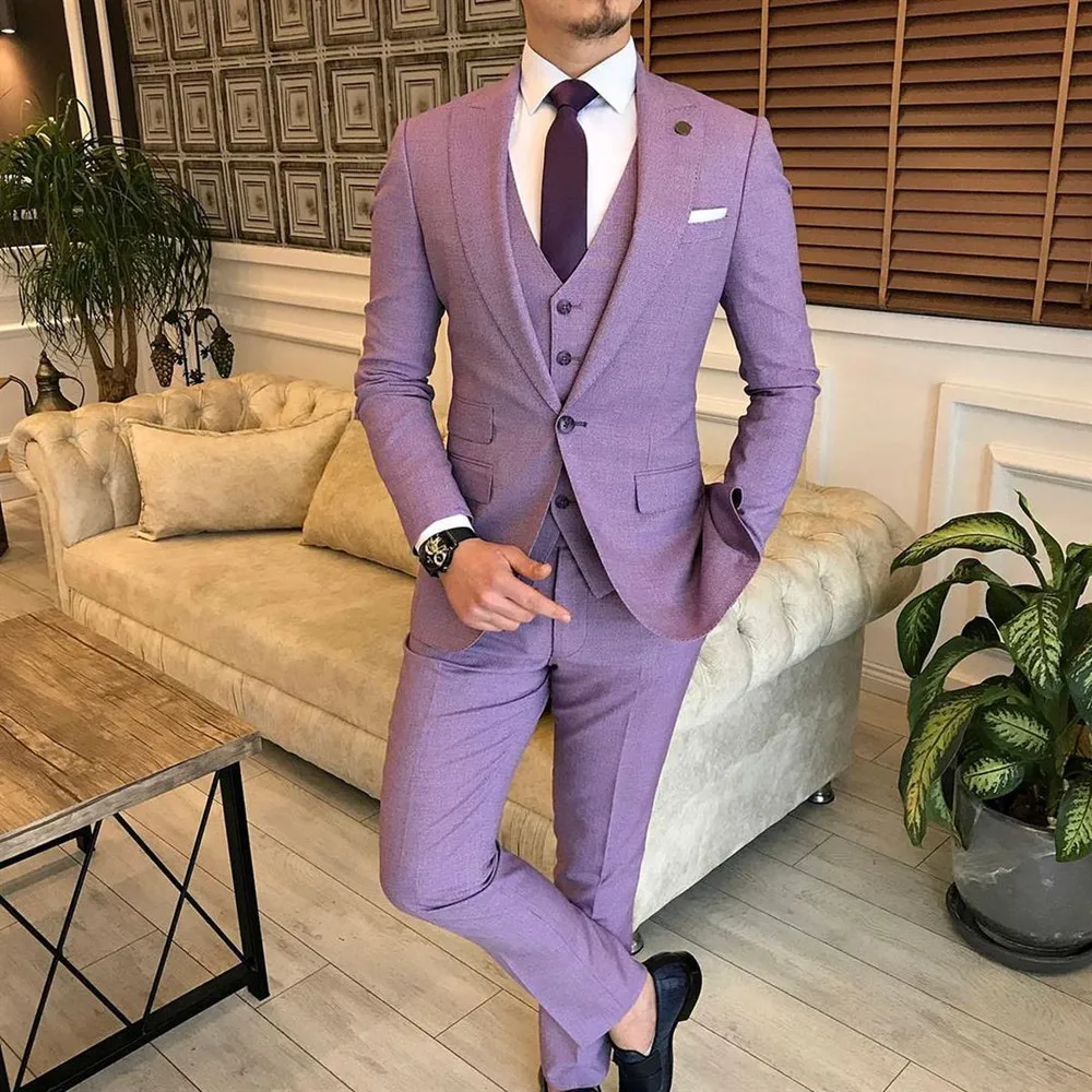 (Jacket+Pants+Vest) Tailor-Made Man Suit Slim Fit Purple 3 Piece Men Wedding Clothes Formal Party New Costume Homme Made