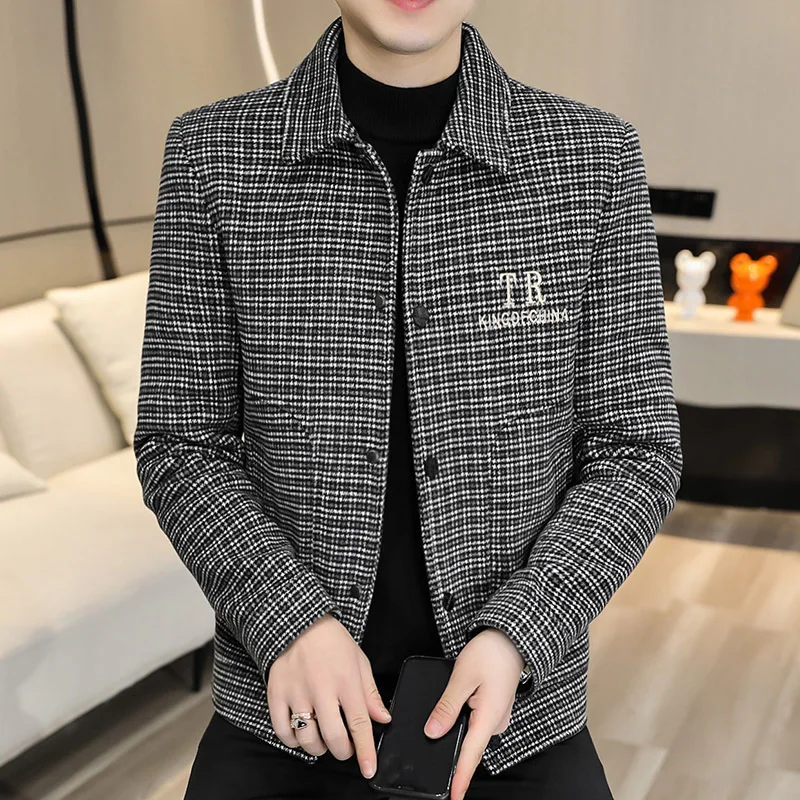 

2022 классическое клетчатое шерстяное пальто для мужчин осень зима Повседневный деловой короткий Тренч куртки Уличная верхняя одежда мужская одежда
