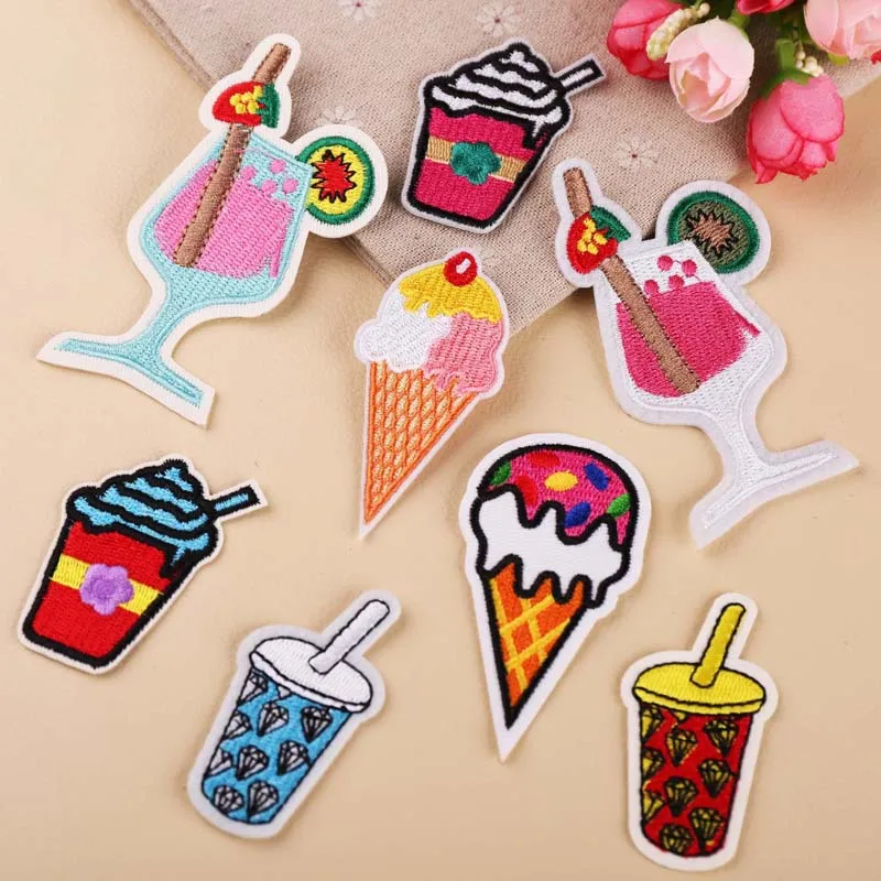 Small Embroidered Iron Ons Icecream Cartoon Patches Straw Cups Appliques for Denim Jackets Cotton Tees Decorative Cloth Stickers