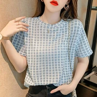new blue plaid t shirts for women round neck short sleeve summer tops plus size tees sexy hald see through retro check blouses