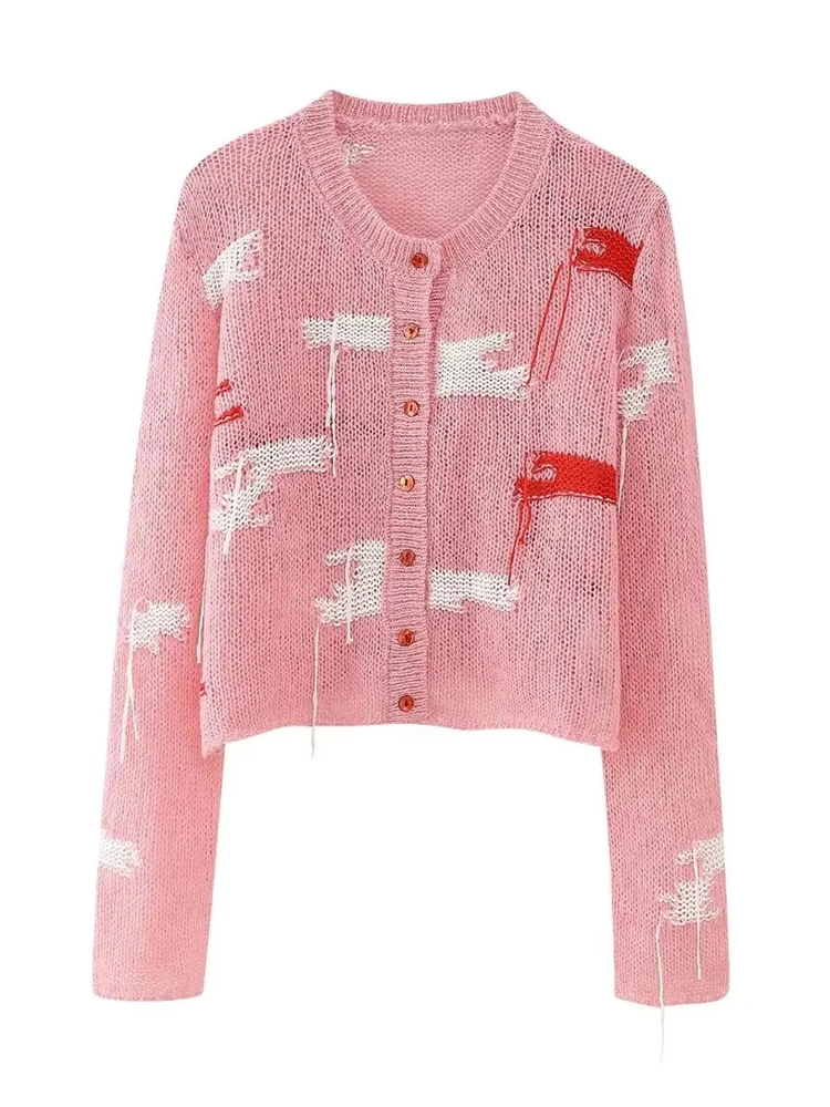 

Женский ажурный вязаный кардиган, розовый короткий свитер с круглым вырезом и длинным рукавом, уличная одежда с высокой талией, 2023