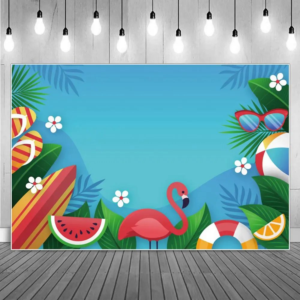 

Flamingo Watermelon Photography Backdrop Birthday Decoration Custom Summer Blue Wall Slippers Home Party Studio Photo Background