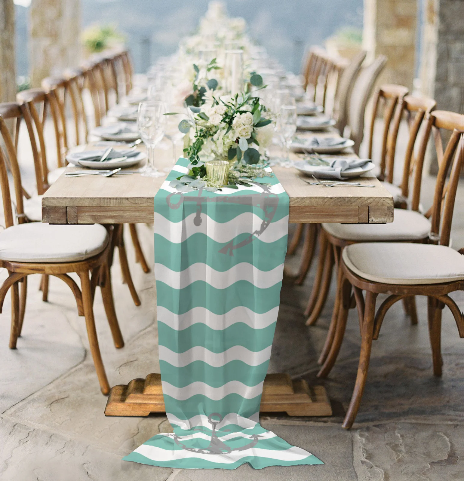 

Cyan Ripple Stripe Gray Anchor Chiffon Table Runner Coffee Table Decor Wedding Tablecloth Printed Voile Table Runner for Kitchen
