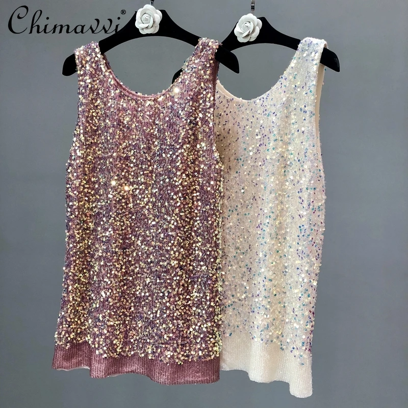 

2022 Summer New Fashion Sleeveless Loose Vest Outer Wear Heavy Sequins Shiny Oversize Mid-Length Bottoming Shirt for Women