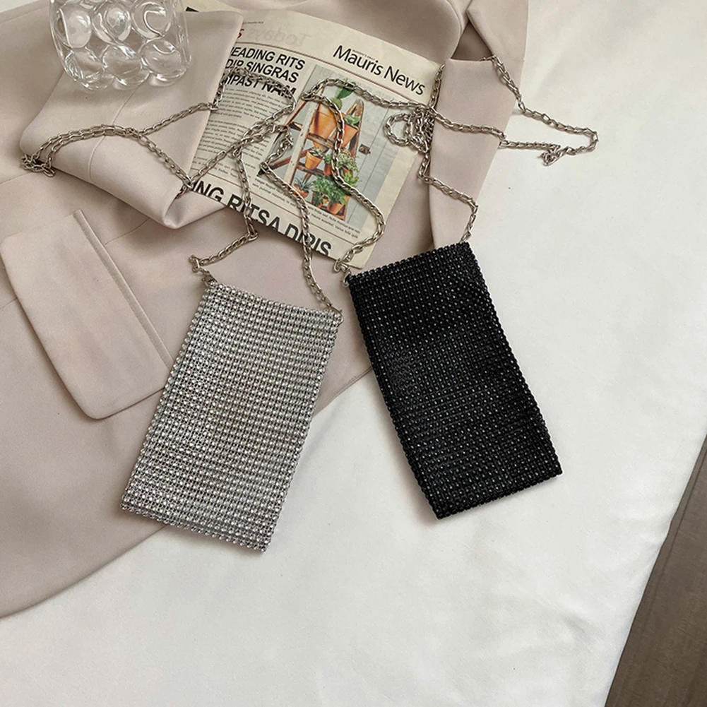 

Fashion Women Crossbody Bags Vertical Square Rhinestone Mini Chain Glitter Stylish Shoulder Messenger Ladies Handbags