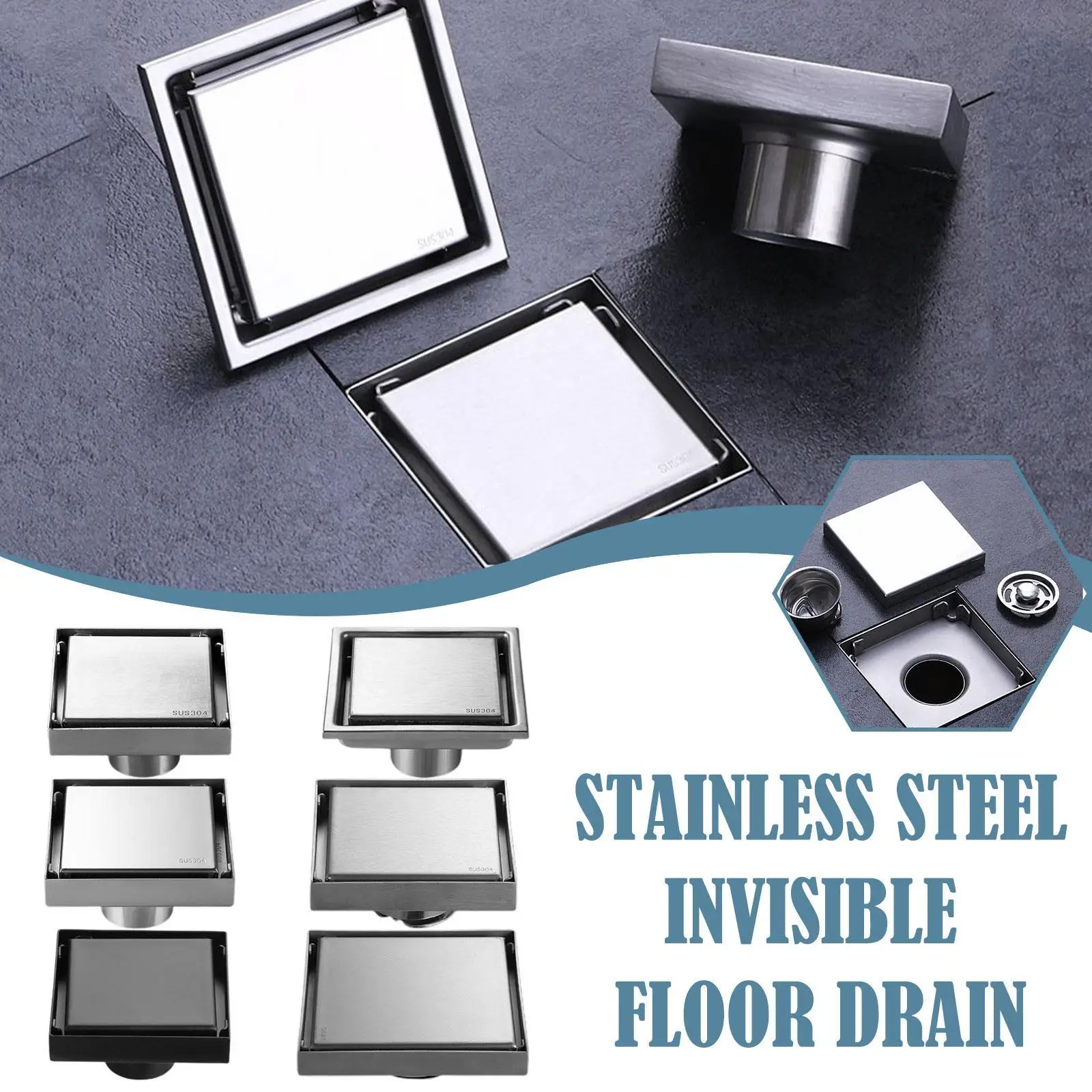 

Tile Insert Square Floor Waste Drain Bathroom Grates Shower Drain 304 Steel Large Flow Drainer