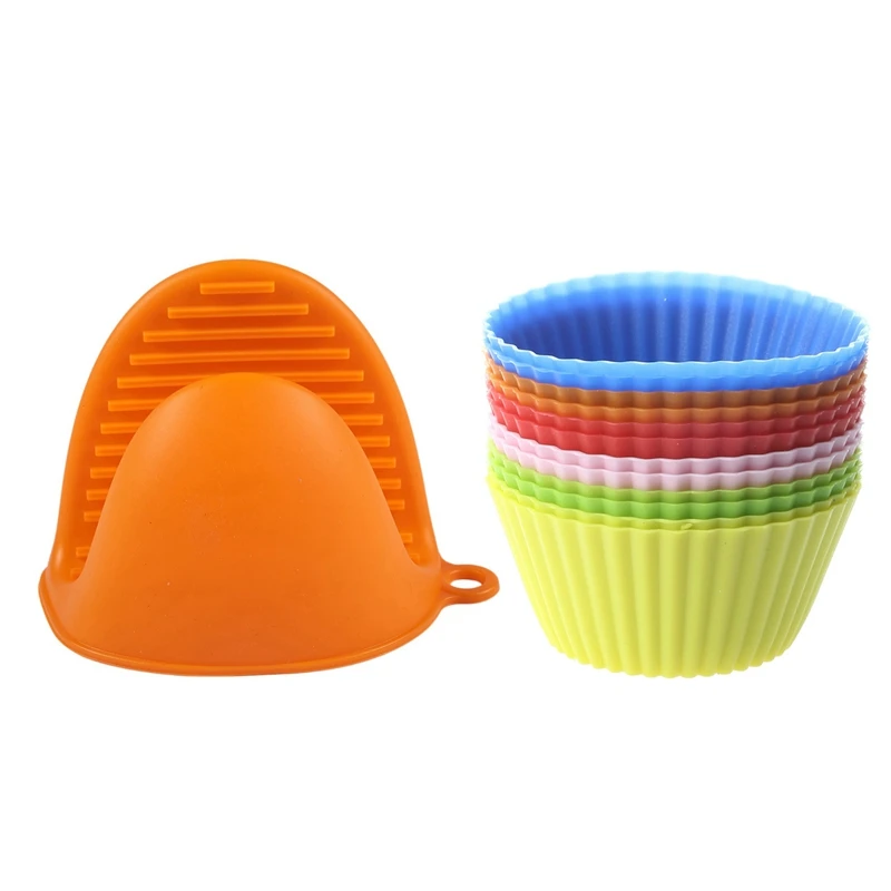 

12 Pcs Silicone Cake Moulds Muffin Cupcake Bread Mousse & 1x Silicone Gloves Oven Heat Insulated Finger Gloves