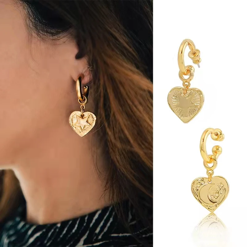 

Metal Copper Ear Accessories for Women Girl Gold Color Love Heart Hanging Dangle Star Moon Earrings Vintage Party Jewelry Gift