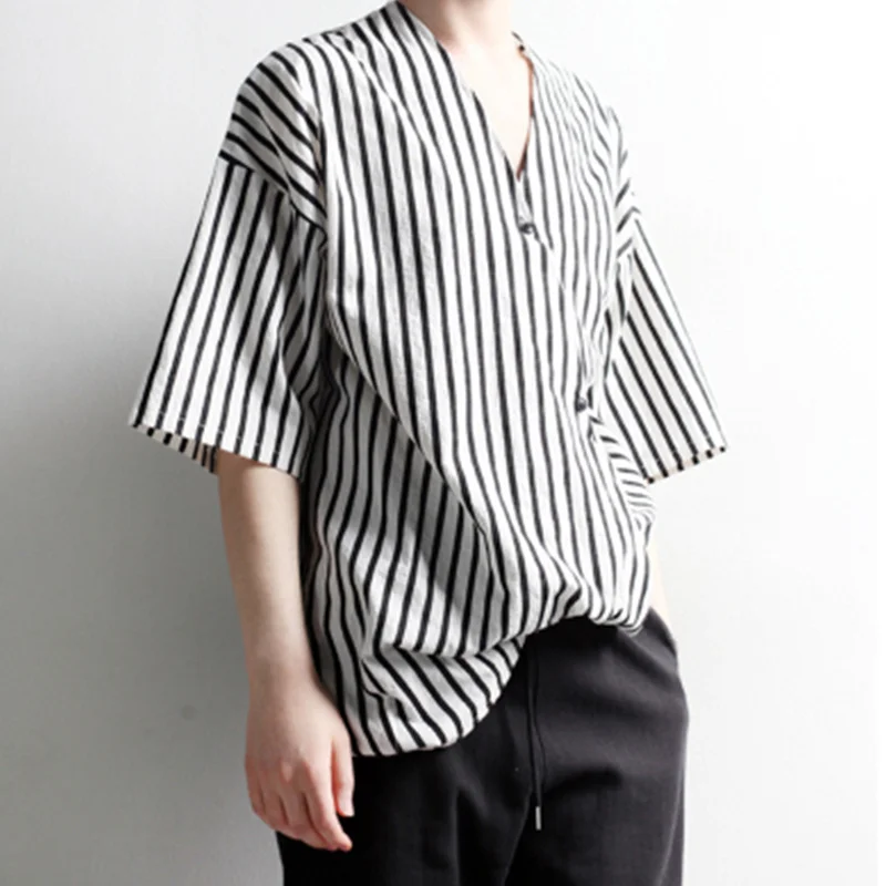 

Trendy Men's S-4XL Personality Vertical Stripe Short Sleeve Shirt V-Neck Loose Irregular Asymmetric Japanese Personality T