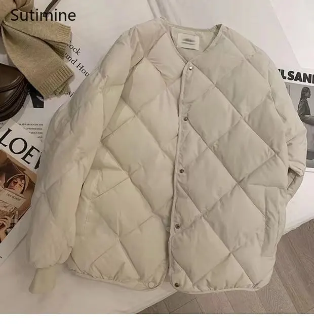 Black Down Cotton O-Neck Short Cotton Jacket for Women Pagoda Sleeve Office Lady Winter Coat for Women Korean Coat Women