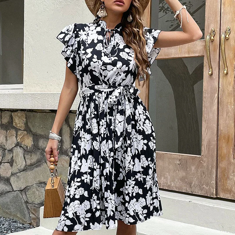 

New Summer 2022 Printed High Waist Skirt Black Dress Clothes For Women Robe Sexy Vestidos Mujer Floral Dresses Party Elegantes