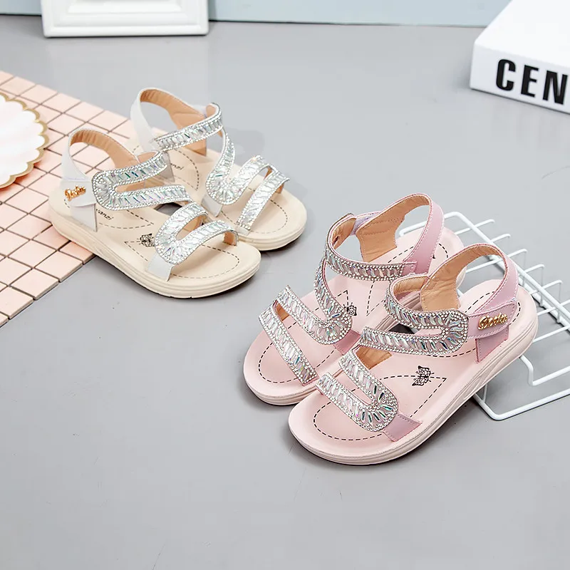 2022 Summer Fashion Girls Princess Sandals Leather Shoes Rhinestone Sequins Flat Roman Sandals Thick Bottom Non-slip Beach Shoes