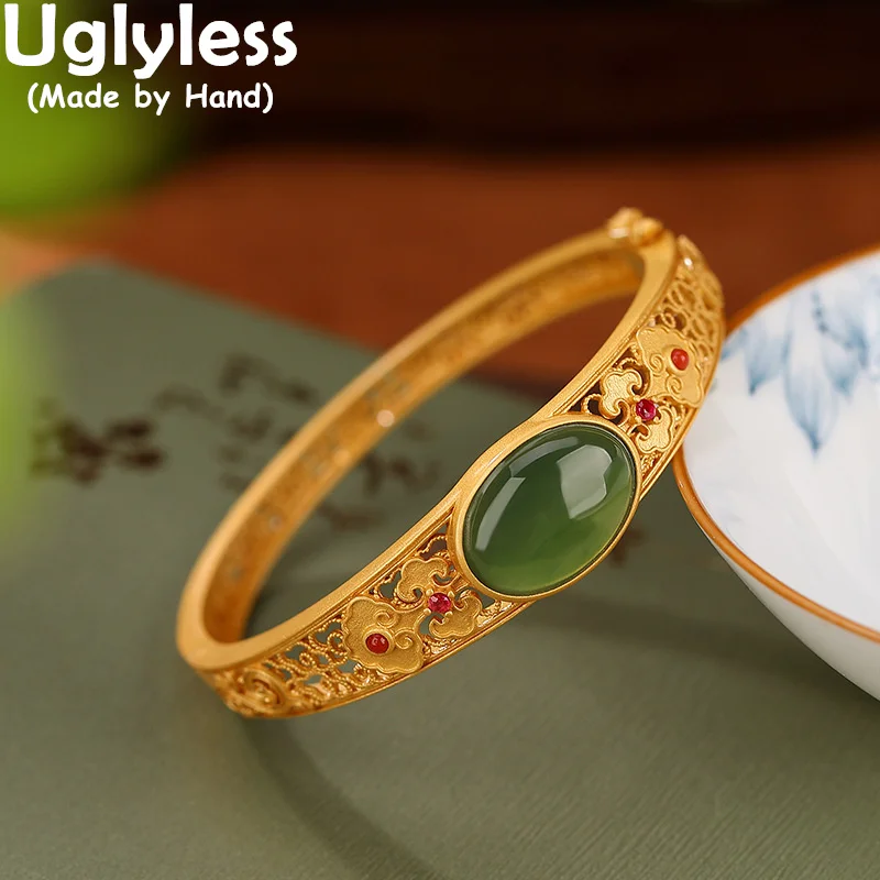 

Uglyless Oriental Aesthetics Palace Designer Green Jade Jasper Bangles Women Luxury Gemstones Bangles Hollow Jewelry 925 Silver