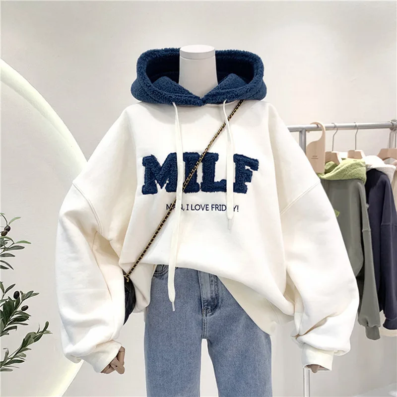 

Fashion Patchwork NewSweatshirt Women Winter Casual Loose Cotton Thick Letter Long Sleeve Hoodies Female Streetwear Pullovers