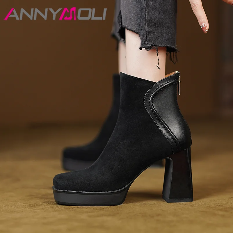 

ANNYMOLI Women Gneuine Leather Ankle Boots Platform Thick High Heel Sqaure Toe Zipper Kid Suede Booties Winter Shoes Black 34-41