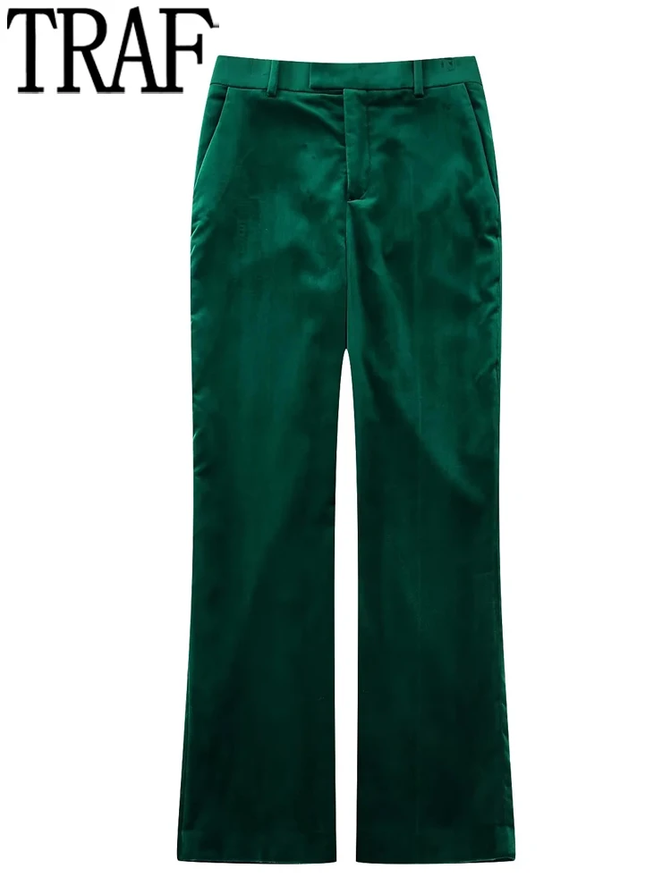 

TRAF Velvet Pants Women Green Winter Pants Female Suit MidWaist Office Women's Trousers Vintage Chic And Elegant Woman Pants Set