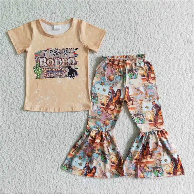 

GSPO0022 Baby Girl Clothes Milk Silk Yellow Short Sleeve T-shirts Top With Print Bell Pants Set Summer Kids Clothes Girls