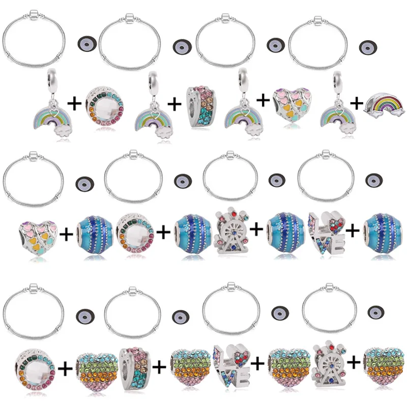 

DIY Fashion Brand Jewelry Gift Making For Women 40 Styles Colorful Heart Beads Pendants Fit Silver Plated Snake Chain Bracelet