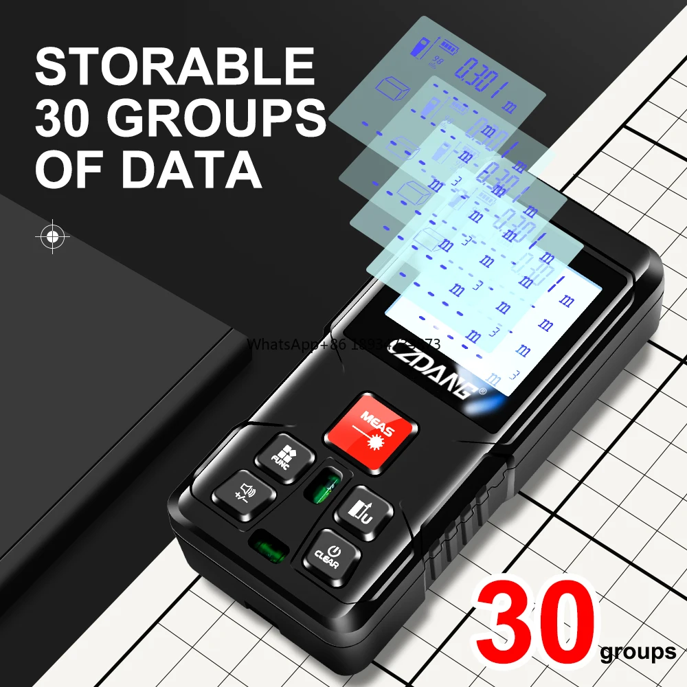 z możliwością przełączania m/ft/in/ft + in. Zakres 120 metrów/394 stopy Cyfrowy laserowy dalmierz na podczerwień Taśma miernicza 2 poziomami