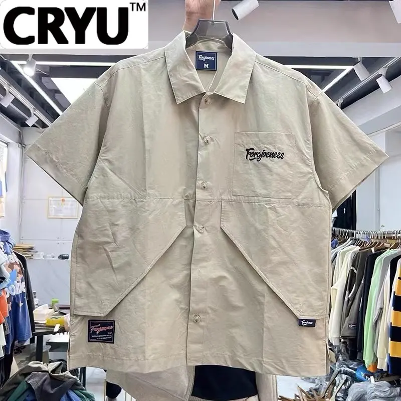 

CRYU Solid color collocation large pocket decorated short-sleeved lapel shirt short-sleeved shirt