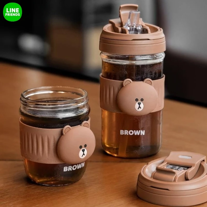 

Line Friends Cartoon Brown Bear Silicone Glass Anime Transparent Large Capacity Water Cup Kawaii Office Coffee Cup Cute Gifts