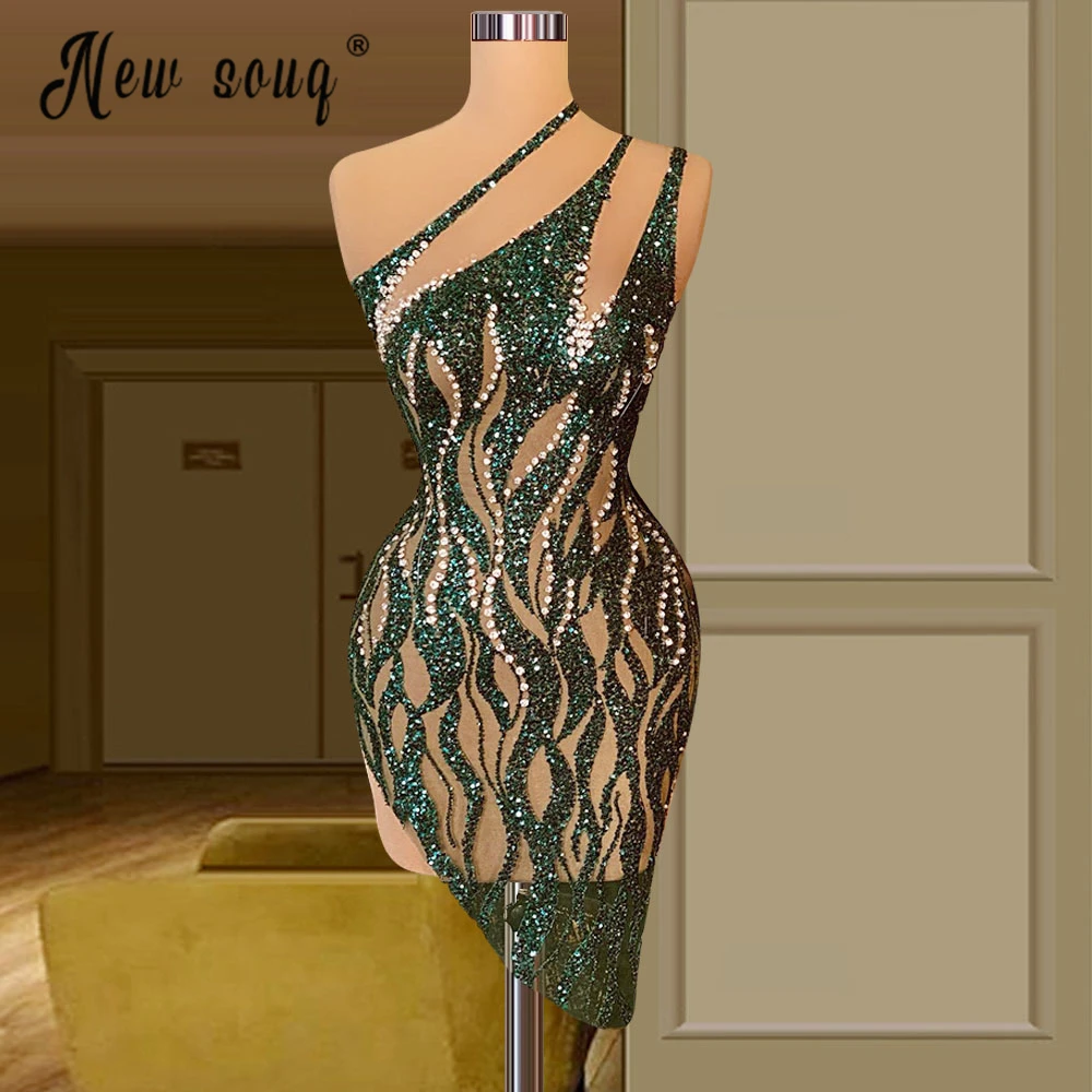 

Women Spaghetti Straps One Shoulder Mini Prom Party Dress African Dark Green See Through Mermaid Cocktail Dress for Beach Custom