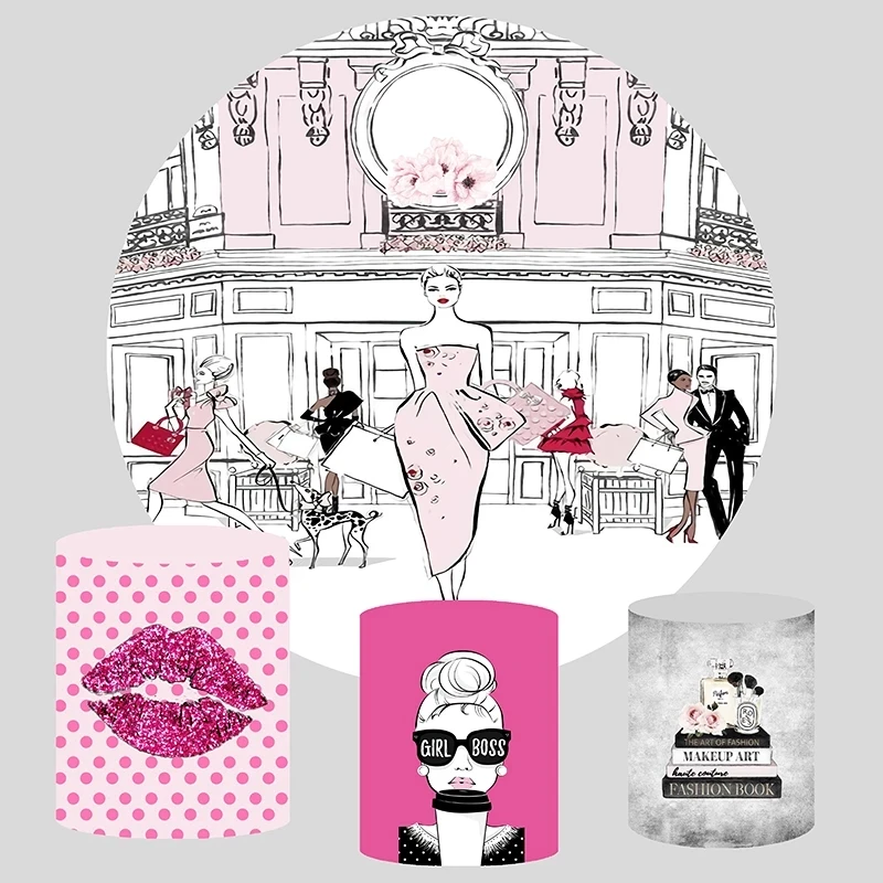 

Round Background Photo Studio Paris Street Pink Fashion Shopping Perfume Parisian Girl Circle Backdrop Cake Table Cylinder Cover
