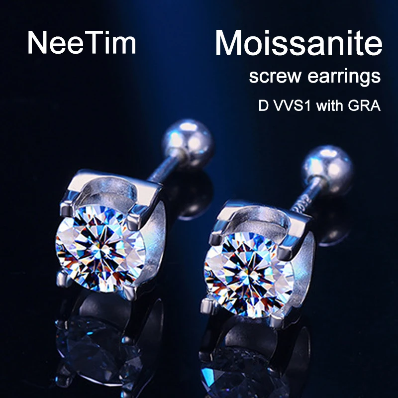NeeTim Moissanite Screw Earrings 0.5ct White Gold Plated Sterling Silver D VVS1 Lab Diamond with GRA 4 Claws Ear Studs for women