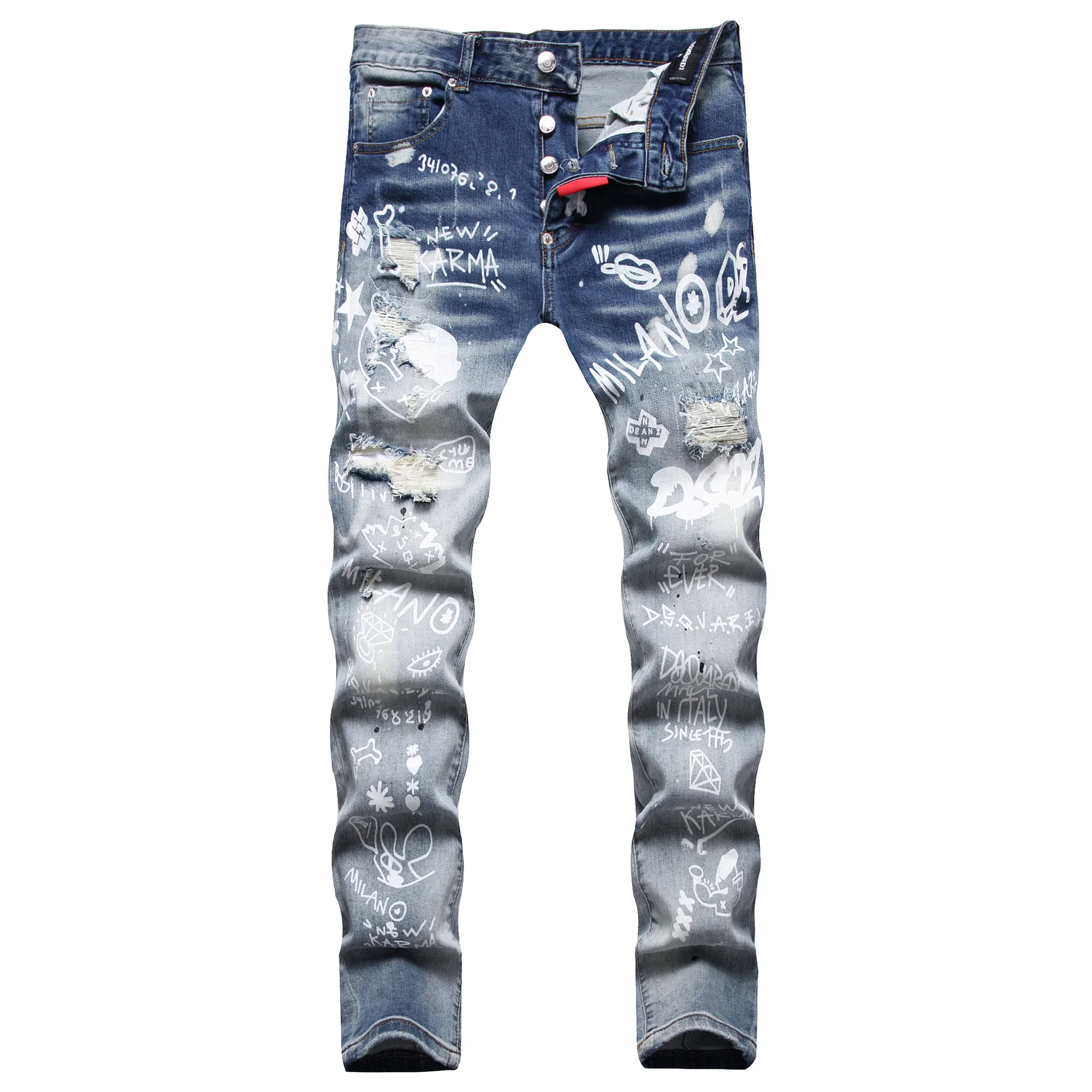 

New Luxury men's slim-fit blue ripped Dsqu-red2 jeans boyfriend splash paint blue jeans sexy scratches street jeans Size: 28-42