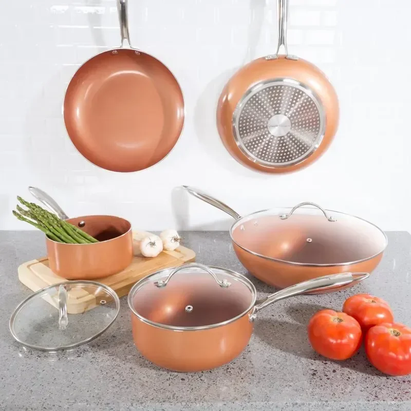 

8 Piece Cookware Set with 2 Layer Nonstick Ceramic Coating, Tempered Glass Lid, Copper Color Finish