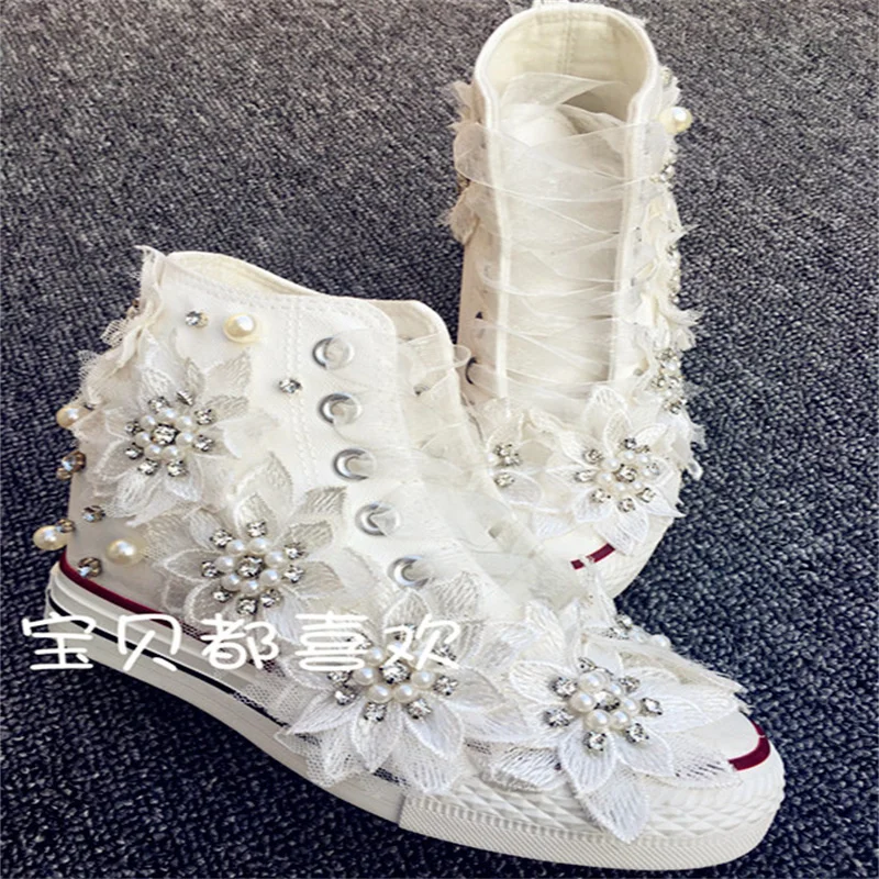 

High-top canvas shoes handmade custom rhinestone beaded lace three-dimensional flower thick bottom high-top casual shoes 35-39