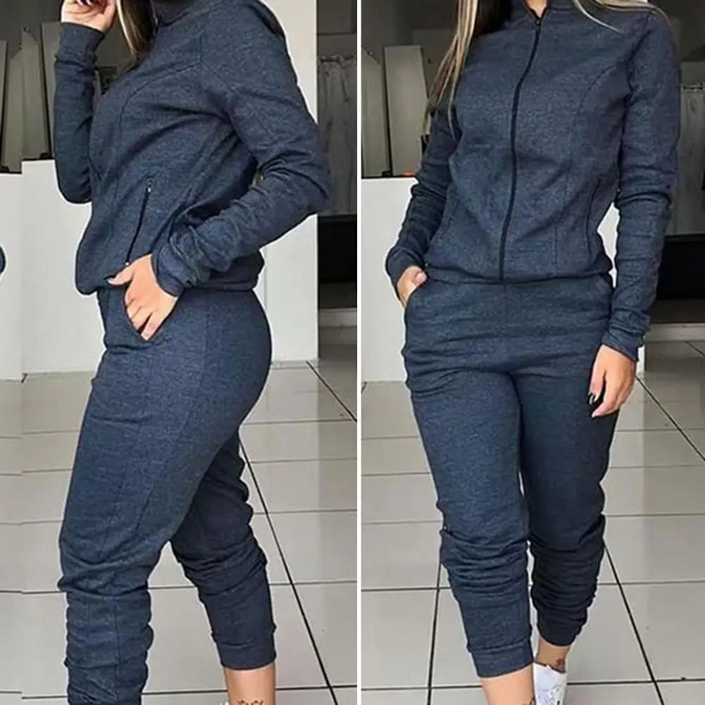 

2 Pcs/Set Women Coat Pants Set Zipper Cardigan Pockets Casual Stand Collar Soft Pure Color Lady Jacket Pants Suit for Daily