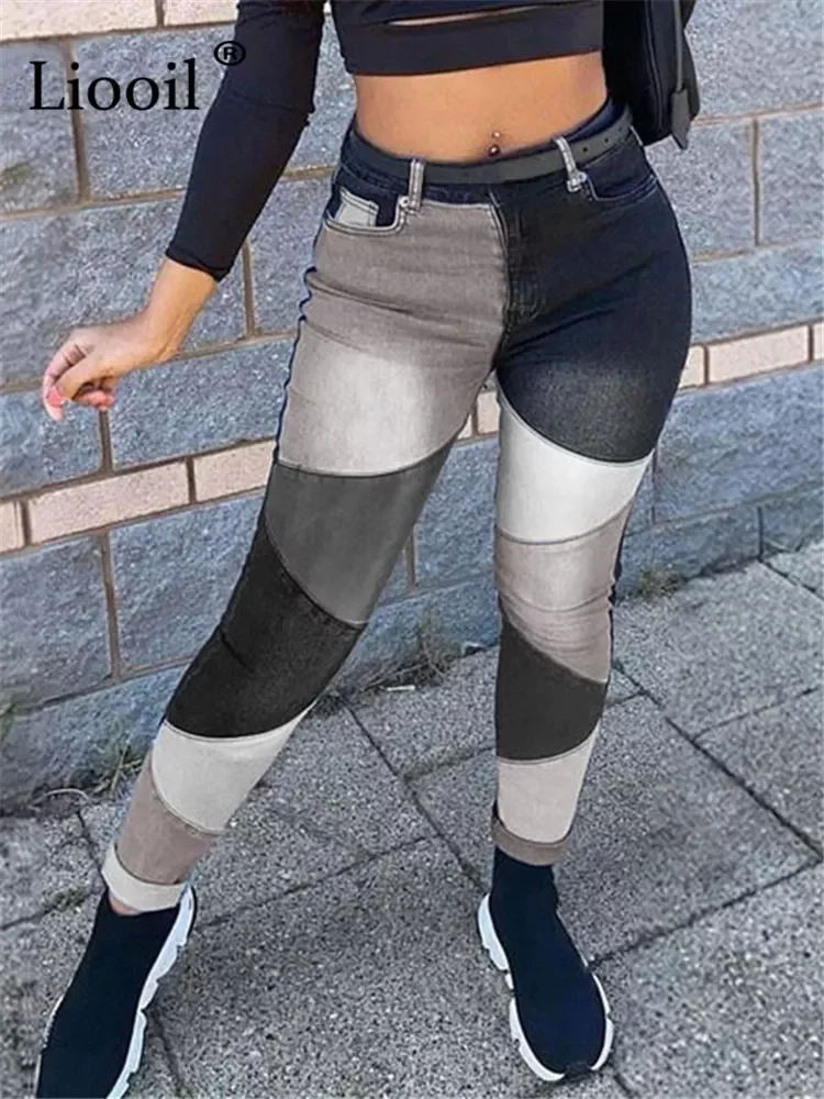 

90s Color Block Boyfriend Skinny Jeans For Women Streetwear Black Blue Contrast Stitch High Waisted Pencil Pants Denim Trousers