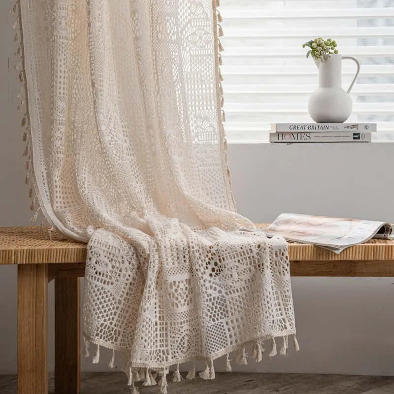 Checkered Geometric Crochet Curtains With Light Transmission American Style Hollow-out Living Room Balcony Bedroom Window Art