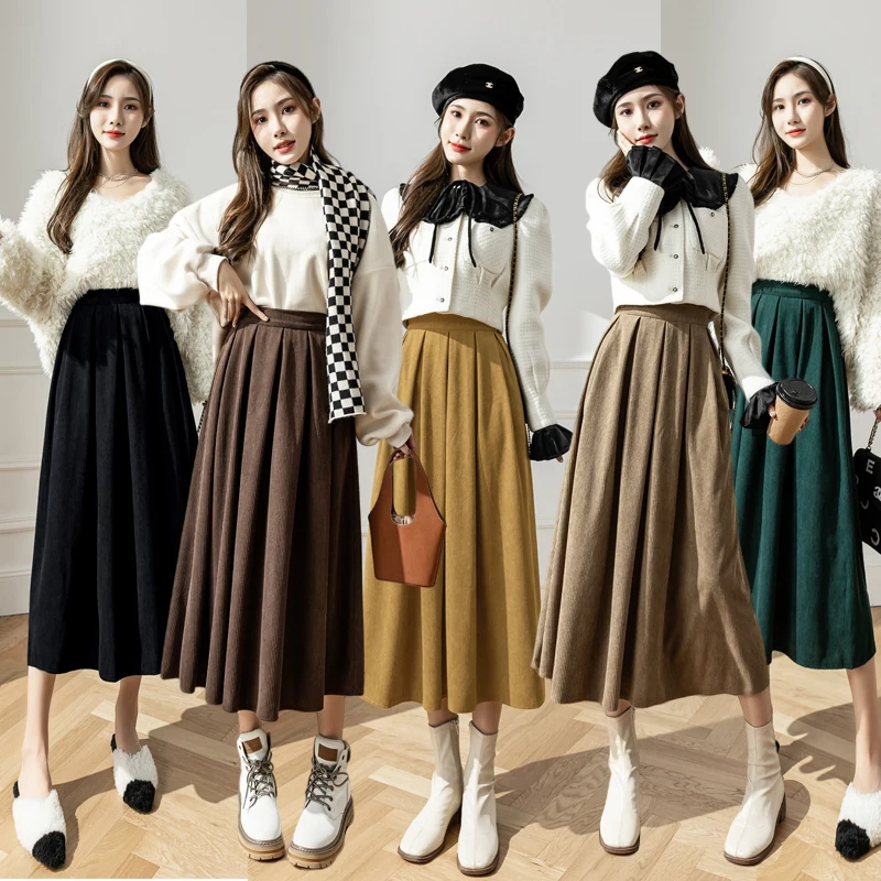 

Retro Corduroy Pleated Skirt Women Fall Winter Elastic High Waist Long Skirt Female Elegant All Match Thick Faldas Mujer New