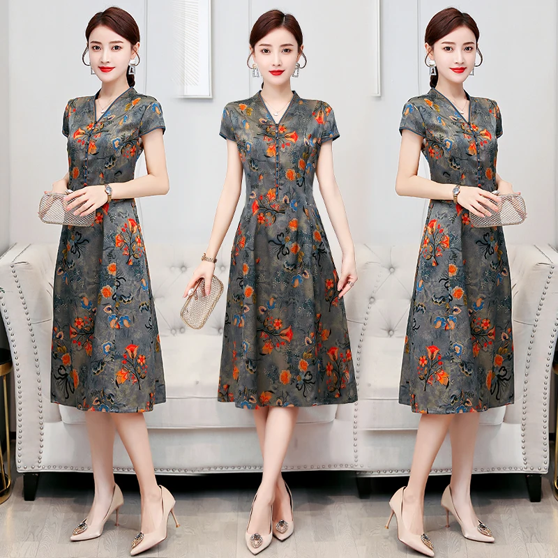 

COIGARSAM женское летнее платье 2022 Новое шелковое серое платье Чонсам Прямая поставка