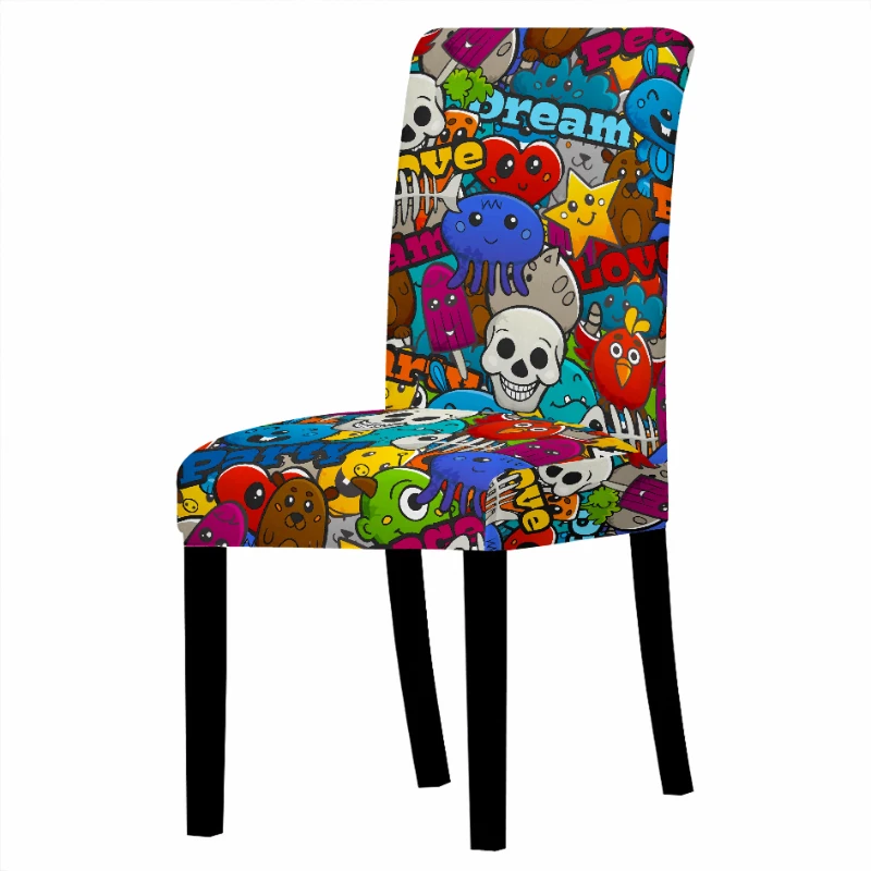 

Cartoon Skull Print Stretch Chair Cover High Back Dustproof Home Dining Room Decor Chairs Living Room Lounge Chair Office Chair