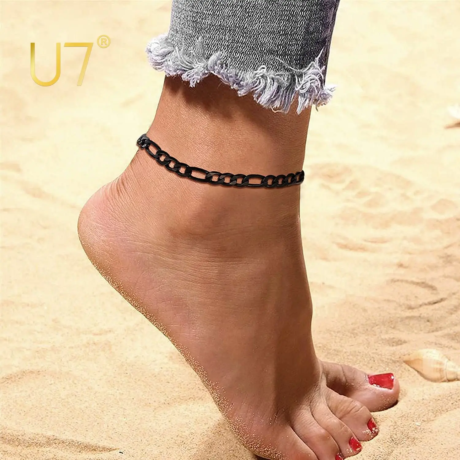 

U7 Figaro Chain Anklets for Women Black Color 3mm Wide Polished Resizable Link Ankle Bracelet Length 22cm to 27cm