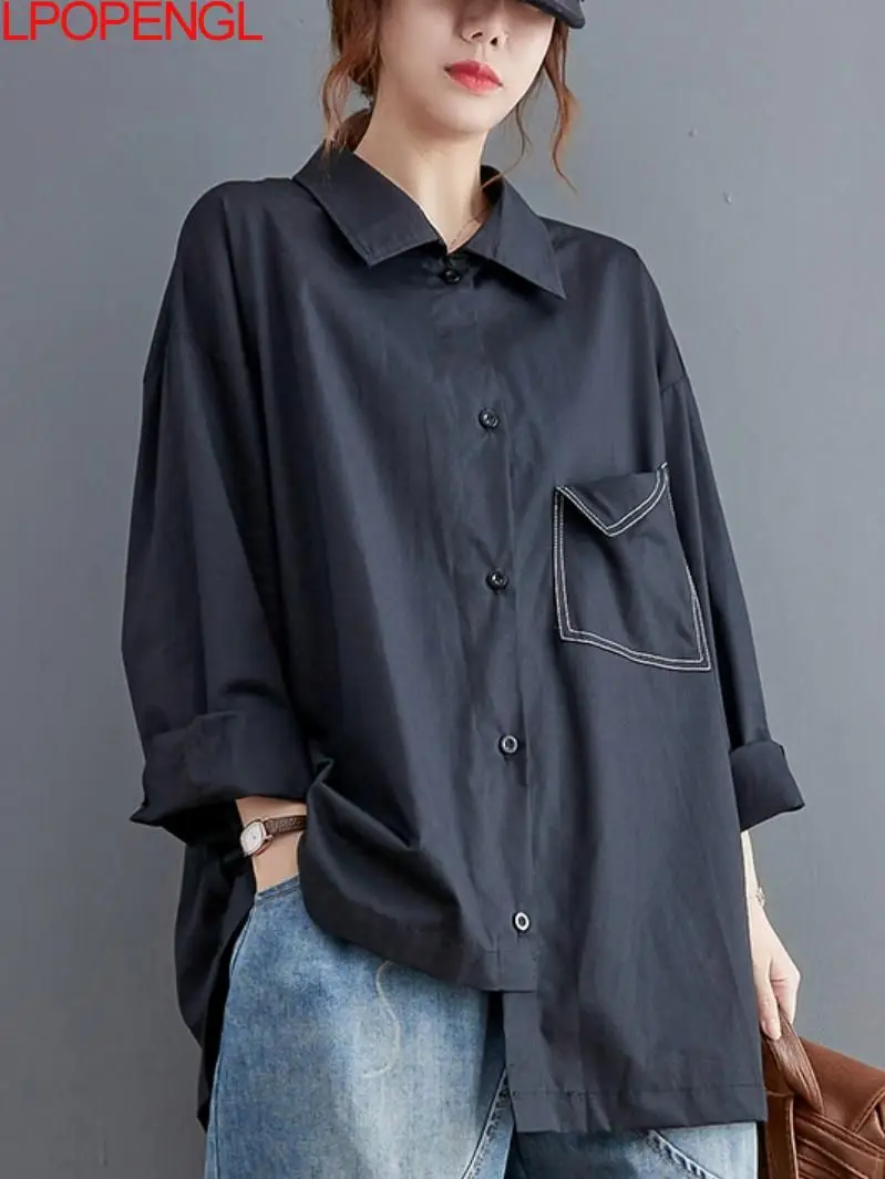 

Solid Color Casual Blouse Women Oversize Elegant Tops Loose Long Sleeve Cotton Button Asymmetrical Spring Single Breasted Cardig