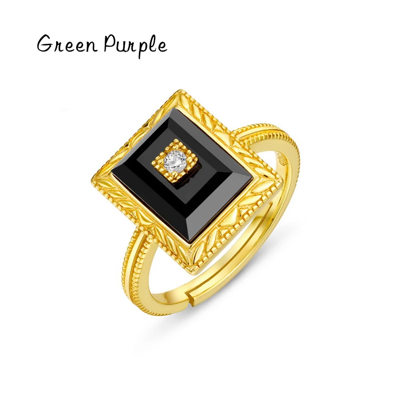 

Green Purple Square Open Size Zircon Rings Vintage 925 Sterling Silver Black Onyx Ring For Women Girls Fine Jewelry Set Gifts