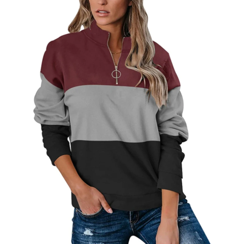 

Femme Long-Sleeve Sweatshirt Autumn Contrasting Color Sweatshirts Stand-Up Collar Zipper Sweatshirt Comfortable Warm Sweatshirts