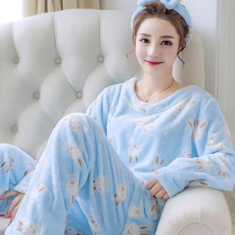 New flannel autumn and winter pajamas women's plus velvet 2-piece coral velvet cute thickened round neck printed home clothes