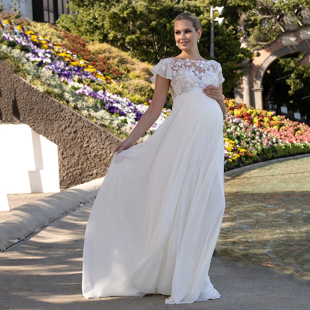 

Sexy Illusion Bodice Maternity Wedding Gowns Boho Bride Dress Empire Waist Chiffon Bridal Gown for Pregnant Woman