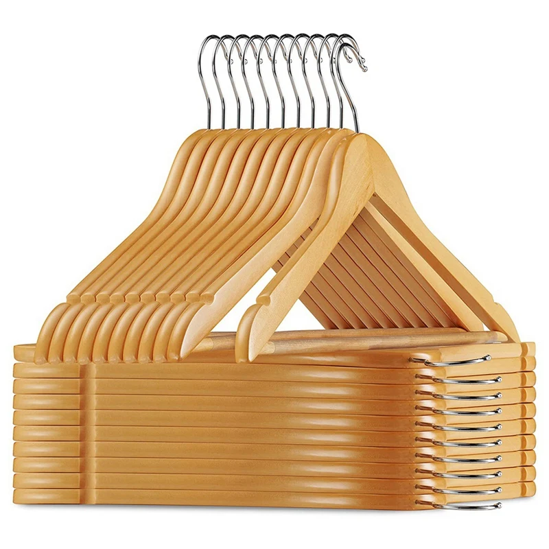 

Solid Wood Suit Hangers 20 Pack With Non Slip Bar And Precisely Cut Notches 360 Degree Swivel Chrome Hook Wooden Hangers