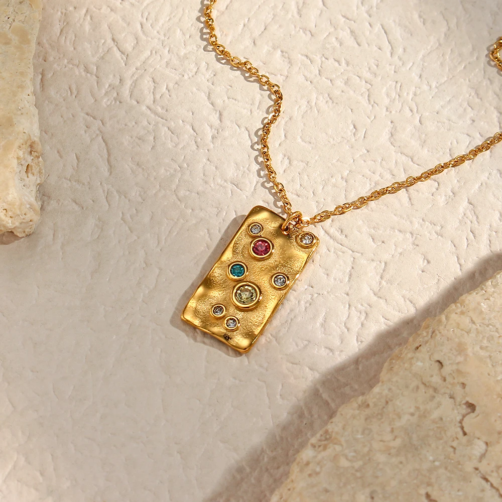 

Fashion Irregular Surface Colorful Zircon Bubble Filled Rectangle Tarot Necklace Titanium Steel Necklace Jewelry Set