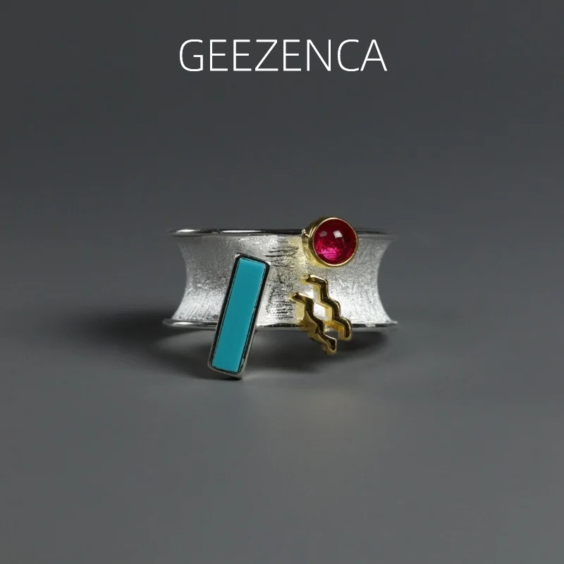 

GEEZENCA 925 Sterling Silver Two Tone Colorful Zircon Wide Rings For Women Designer Chic Geometric Cocktail Ring 2023 New Gift